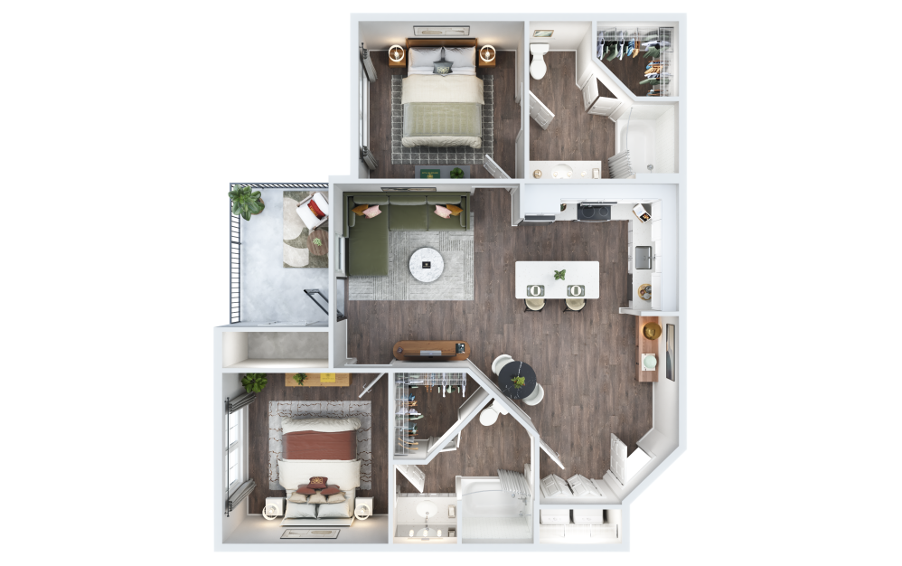 Bradford - 2 bedroom floor plan layout with 2 bathrooms and 1008 square feet (3D)