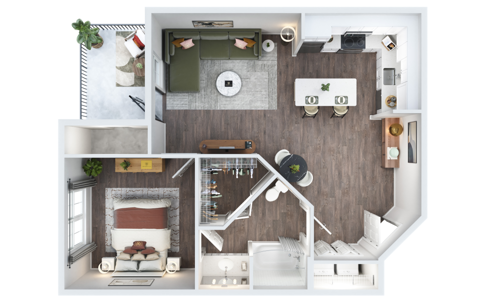 Hampton - 1 bedroom floor plan layout with 1 bathroom and 747 square feet (3D)