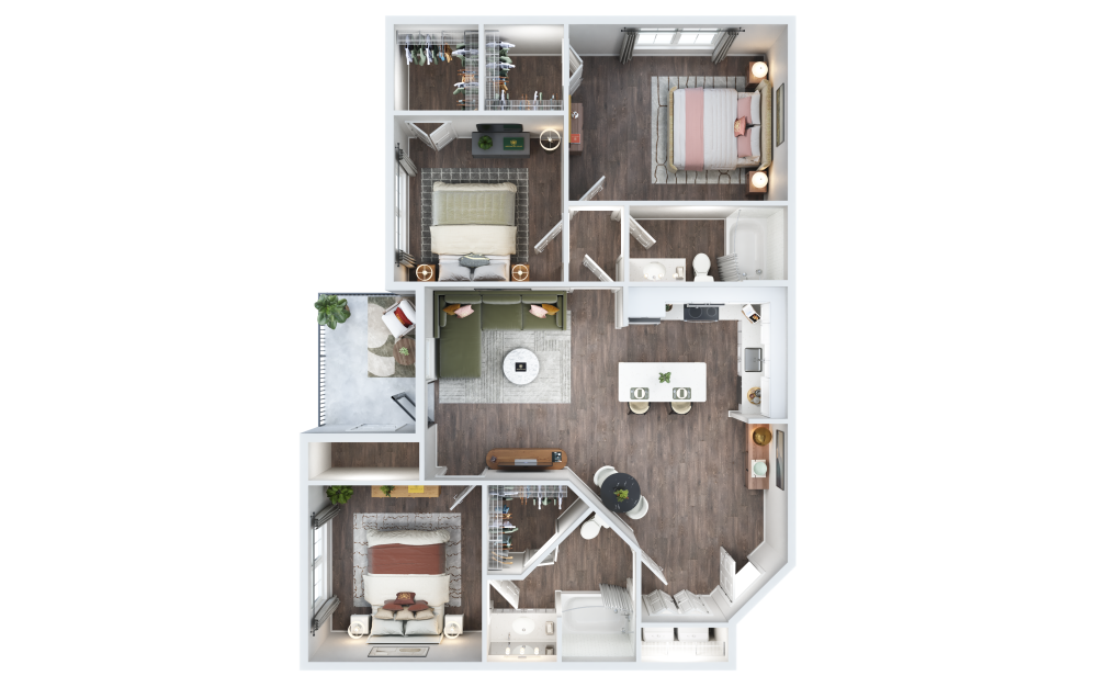 Lexington - 3 bedroom floor plan layout with 2 bathrooms and 1233 square feet (3D)