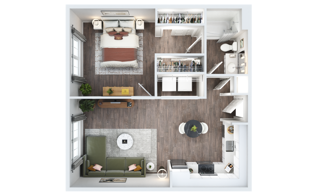 Oxford - Studio floor plan layout with 1 bathroom and 622 square feet (3D)