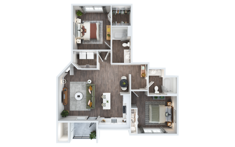 Rockford - 2 bedroom floor plan layout with 2 bathrooms and 998 square feet (3D)