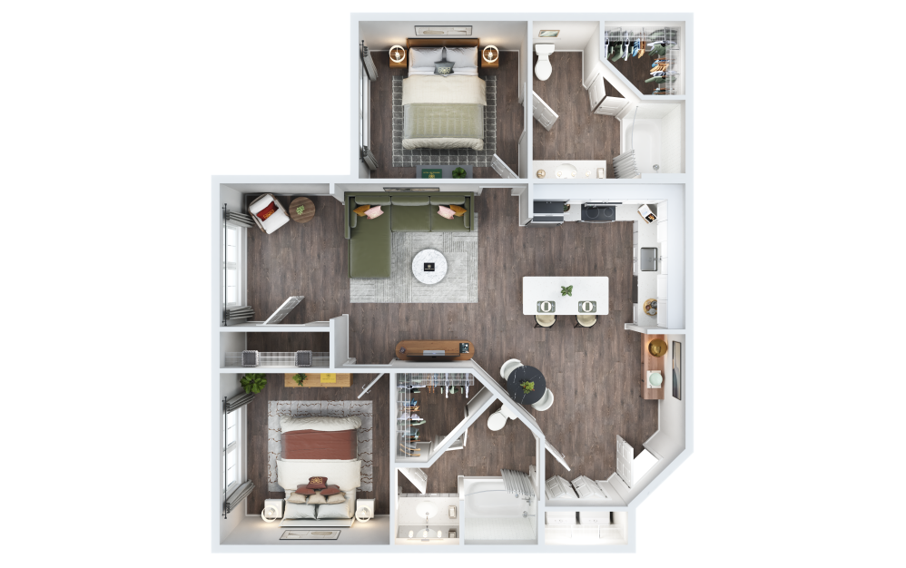 Windsor - 2 bedroom floor plan layout with 2 bathrooms and 1090 square feet (3D)